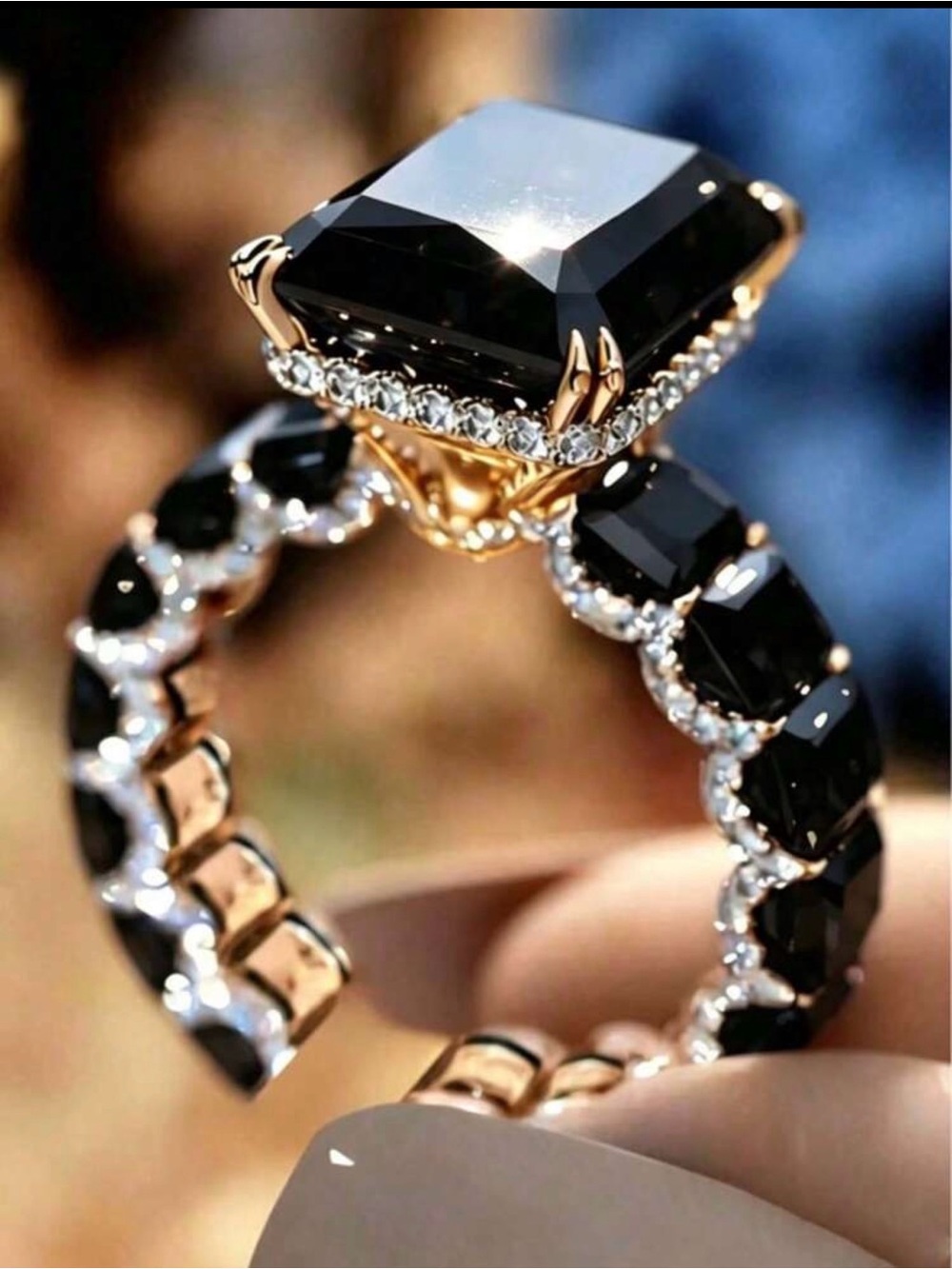 New Arrivals!Black Stone Gold-Plated Cocktail Ring with Clear Accent Stones